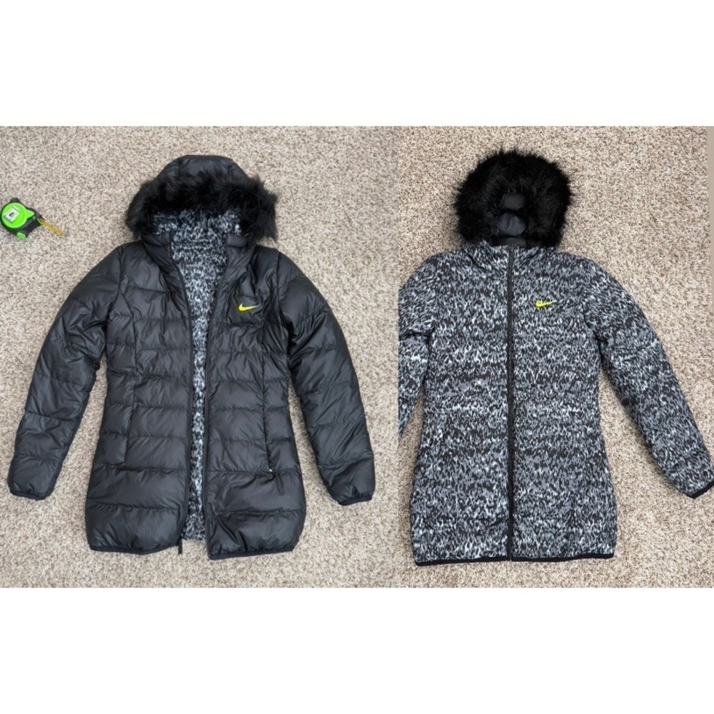 Nike Reversible Puffer Coat Women's Small Black Camo Fur Lined Parka Jacket‎